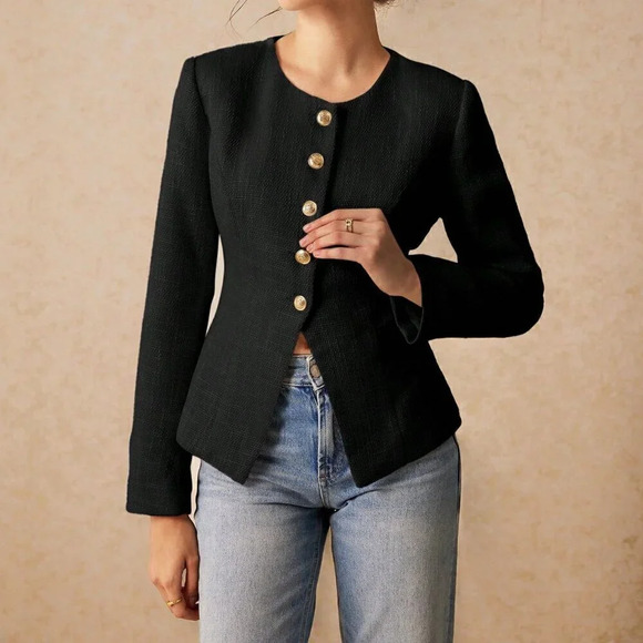 Black Elegant Women's Round Neck Split Cuff Jacket - Picture 2 of 7